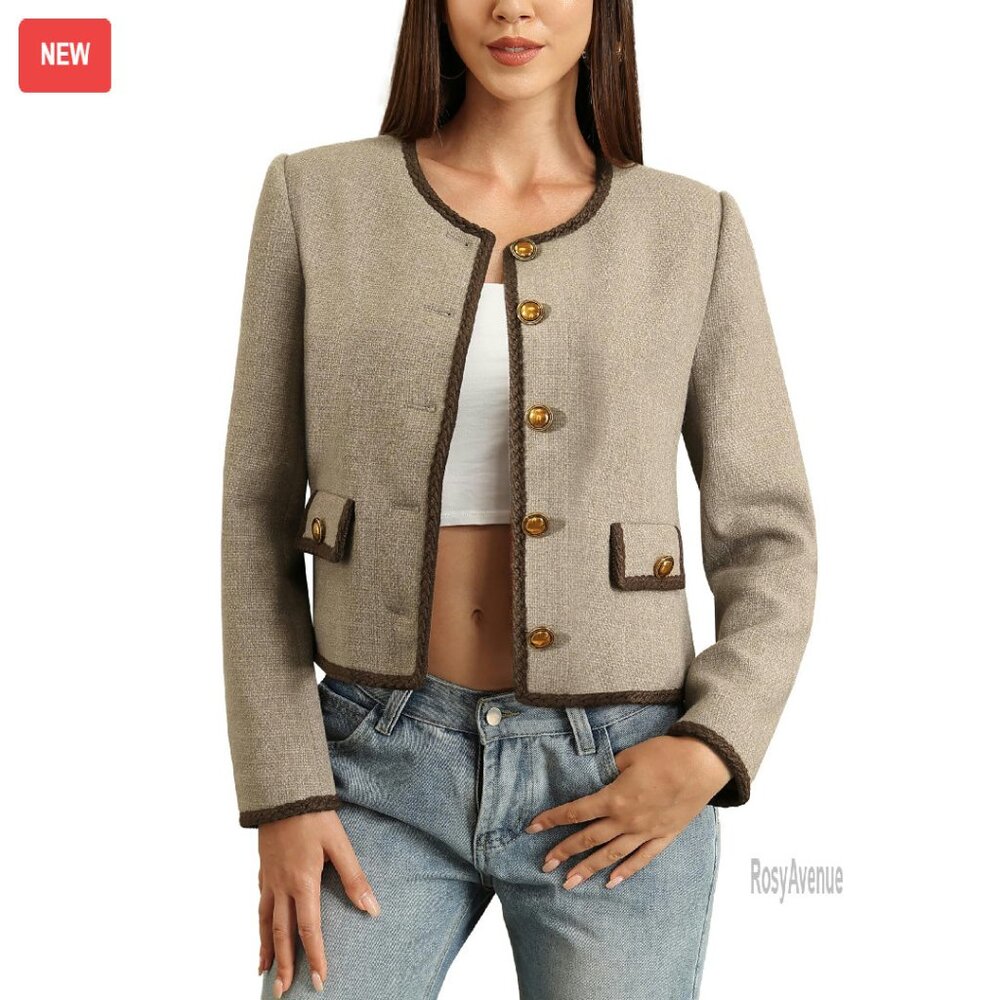 Cropped Tweed Blazer With Pockets, Vintage Golden Buttons, Casual Shacket